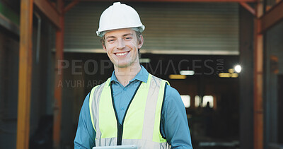 Buy stock photo Civil engineer, portrait and man with smile on construction site, research and property development. Confident, architect and happy person with hard hat, project management and renovation in USA