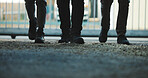 Legs, construction and people on concrete in factory for building structure or durability. Group, architect or employees with strong floor for architecture development, security or safety on space