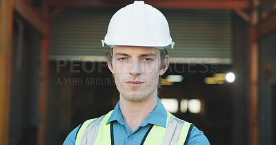 Buy stock photo Architect, portrait and man with helmet on construction site, property development or design project. Serious, civil engineer and person with hard hat for safety, confident and renovation in USA