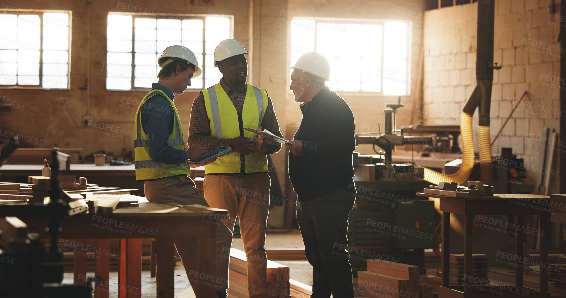 Buy stock photo People, talking and meeting in workshop for carpentry, inspection and clipboard for production. Carpenter, team and tablet in factory for woodworking, joinery instructions and manufacturing furniture