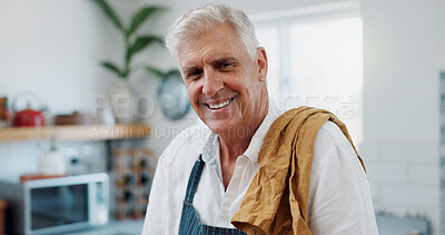 Buy stock photo Cooking, portrait or elderly man in kitchen with smile, good mood or meal prep in retirement hobby. Happy, apron and senior person with confidence, positive attitude and culinary activity in house.