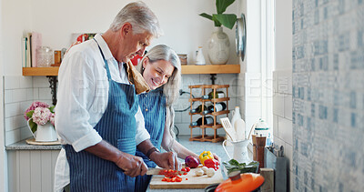 Buy stock photo Cooking, help or senior couple in kitchen with vegetables, nutrition or connection in meal prep. Support, smile or elderly people with culinary diet, healthy relationship or bonding together in home.
