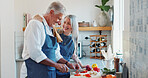 Cooking, help or old couple in kitchen with vegetables, nutrition food or connection in meal prep. Support, smile or senior people with culinary diet, healthy relationship or bonding together in home