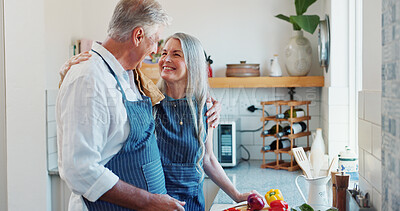 Buy stock photo Cooking, happy or elderly couple in kitchen with vegetables, nutrition or connection in meal prep. Support, smile or senior people with culinary diet, healthy relationship or bonding together in home