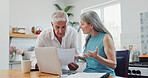 Mature, couple and stress in house with laptop, bills paperwork and financial crisis for liability. Married people, talk and argue in home with computer, overdue payment and document for debt notice.