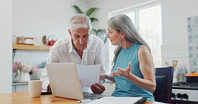 Buy stock photo Mature, couple and stress in house with laptop, bills paperwork and financial crisis for liability. Married people, talk and argue in home with computer, overdue payment and document for debt notice.