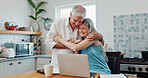 Mature, couple and hug in home with laptop, budget goals and complete payment of financial liability. Happy, married people and embrace with computer, debt settlement and wealth management success.