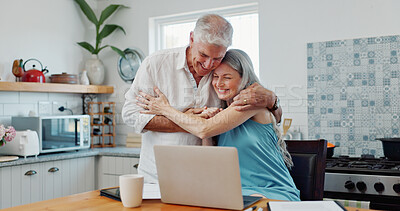 Buy stock photo Mature, couple and hug in home with laptop, budget goals and complete payment of financial liability. Happy, married people and embrace with computer, debt settlement and wealth management success.