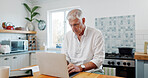 Senior, man and typing in home with laptop, retirement plan and website to check long term savings. Pensioner, person and research in kitchen with computer, wealth management and investment account.