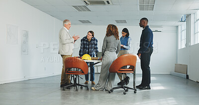 Buy stock photo Architect, manager and discussion on site with team, design insight or advice for remodeling project. People, talk and architecture group in commercial building with supervisor, guidance and planning