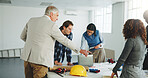 Architect, manager and talk on site with people, design insight and advice for remodeling project. Team, discussion and architecture group in commercial building with supervisor, guidance or planning