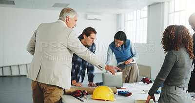 Buy stock photo Architect, manager and talk on site with people, design insight and advice for remodeling project. Team, discussion and architecture group in commercial building with supervisor, guidance or planning