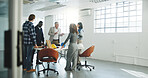 Architect, manager and talk in office with people, design insight and advice for renovation project. Team, discussion and architecture in business with supervisor, guidance and property development.