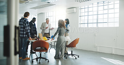 Buy stock photo Architect, manager and talk in office with people, design insight and advice for renovation project. Team, discussion and architecture in business with supervisor, guidance and property development.
