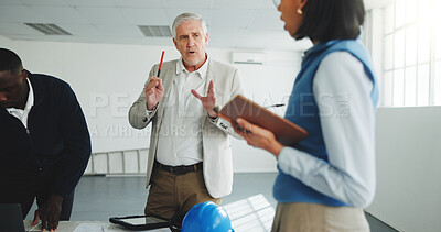 Buy stock photo Engineer, man and discussion on site with architect, explain building safety and compliance advice. Engineering, manager and people talk in meeting with notebook, guidance and plan for architecture.