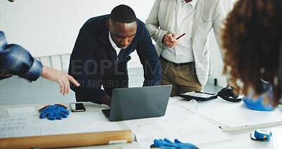 Buy stock photo Architect, man and meeting in office with laptop, planning and AI rendering of renovation blueprint. Architecture, people and team with computer, online design or innovation for property development.