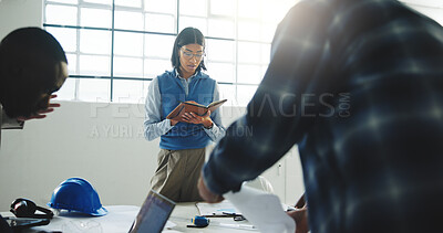 Buy stock photo Architect, woman and meeting in office with notebook, brainstorming and cost analysis for project. Person, talk and architecture team with planner, graphs and budget stats for property development.
