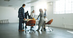 People, architect and manager at site for construction, planning and feedback for architecture. Blurred, team and talk at worksite for collaboration, brainstorming and task allocation for renovation