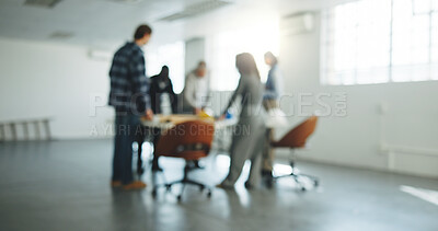 Buy stock photo People, architect and manager at site for construction, planning and feedback for architecture. Blurred, team and talk at worksite for collaboration, brainstorming and task allocation for renovation