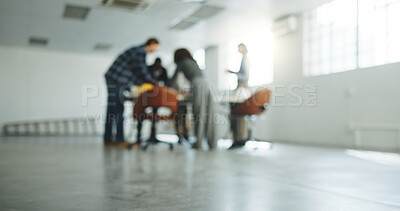 Buy stock photo People, architect and meeting at site for construction, planning and feedback for architecture. Blurred, team and discussion at worksite with manager, brainstorming and task allocation for renovation