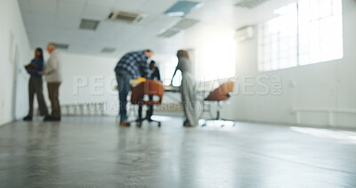 Buy stock photo People, architect and meeting in office for construction, planning and feedback for architecture. Blurred, team and talking at worksite with manager, brainstorming and task allocation for renovation