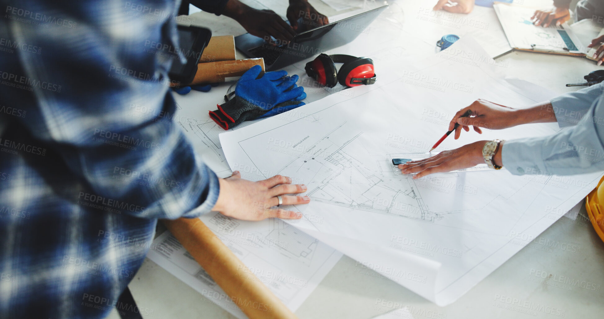 Buy stock photo Architect, team and hands with technical drawing for blueprint, property development and engineering. People, meeting and floor plan illustration with ruler, design layout and building architecture.