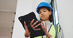 Architect, woman and typing in office with tablet, website and AI rendering for property development. Low angle, person and scroll in workplace with tech, online design or innovation for architecture