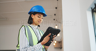 Buy stock photo Woman, architect and research with tablet in building for renovation design or construction. Female person, civil engineering or contractor with technology for architecture development or improvement