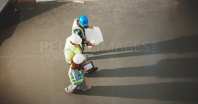 Buy stock photo Architect, team and tablet with blueprint in warehouse for construction planning or brainstorming. Top view, people or civil engineer with technology or floor layout for architecture project on space