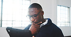 Thinking, black man and reading in office with tablet, research and pricing for real estate. Thoughts, male realtor and ideas in workplace with tech, listing decision and schedule viewing for auction