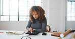 Creative, architect and woman with tablet in office, research and planning for property development. Scroll, online and person with technology, project management and design for  building renovation