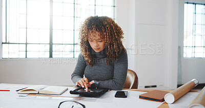Buy stock photo Creative, architect and woman with tablet in office, research and planning for property development. Scroll, online and person with technology, project management and design for  building renovation