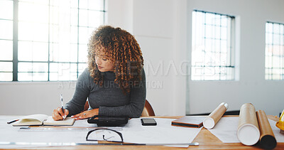 Buy stock photo Architect, writing and woman in office with notebook, design plan and draft of renovation project. Development, review and engineer with notes, progress checklist and strategy brief for remodeling.