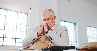 Buy stock photo Finance, stress and thinking with business man at desk in office for investment failure or loss. Anxiety, debt or mistake with mature broker in financial workplace for problem solving or solution