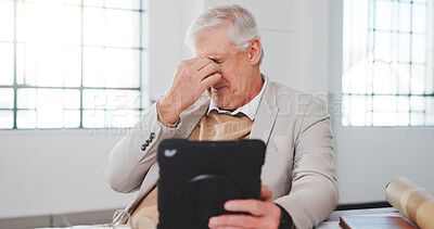 Buy stock photo Stress, headache and businessman with tablet in office with eye strain or mistake on finance report. Migraine, tech and mature financial manager with negative feedback on budget review in workplace.