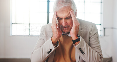 Buy stock photo Stress, headache and businessman in office with fatigue, burnout or mistake for finance deadline. Migraine, tired and mature financial manager with brain fog error on budget review in workplace.