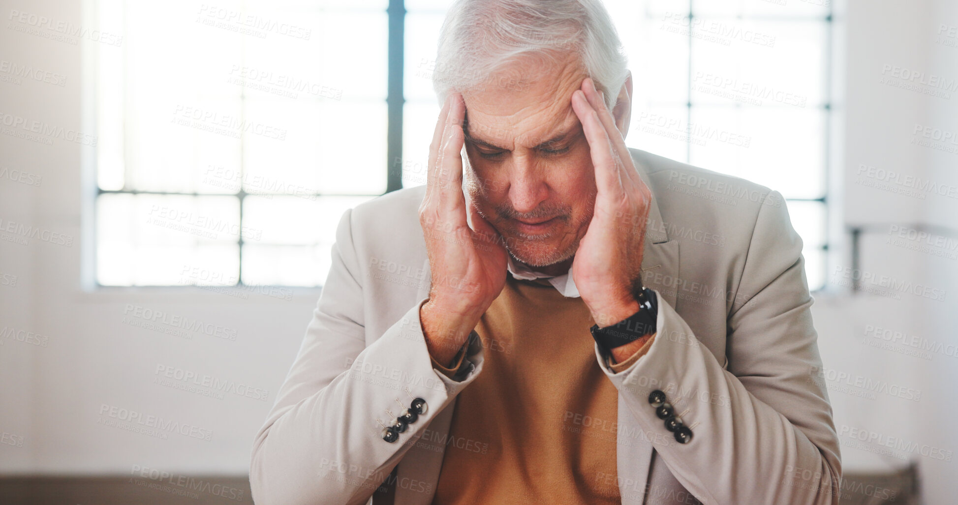 Buy stock photo Stress, headache and businessman in office with fatigue, burnout or mistake for finance deadline. Migraine, tired and mature financial manager with brain fog error on budget review in workplace.