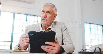 Buy stock photo Thinking, man and notebook in office with tablet, research and pricing decision for real estate. Mature realtor, notes or ideas in workplace with tech, listing details and schedule viewing of auction