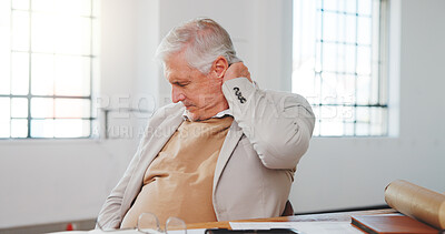 Buy stock photo Debt, finance and stress with business man at desk in office for investment failure or loss. Bankruptcy, headache or mistake with mature broker in financial workplace for risk management error