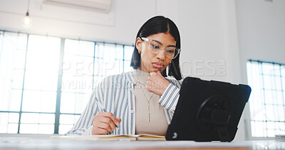 Buy stock photo Thinking, woman and notebook in office with tablet, research and writing pricing for real estate. Thoughts, realtor or notes in workplace with tech, listing details and viewing appointment of auction
