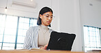 Tablet, research and businesswoman in office with feedback on property listing, sale or mortgage deal. Digital technology, update and real estate agent with email for review on lease agreement.