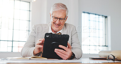 Buy stock photo Tablet, research and businessman in office with feedback on property listing, sale or mortgage deal. Digital technology, update and mature real estate agent with email for review on lease agreement.