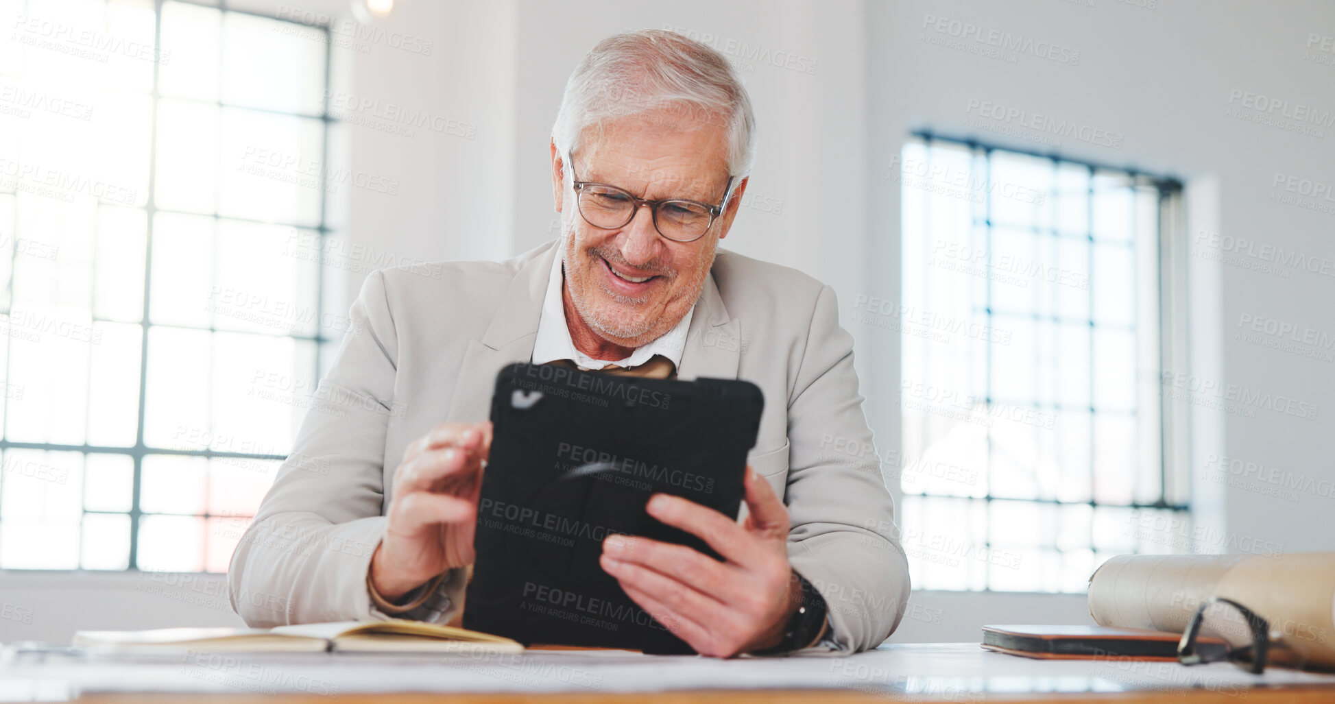 Buy stock photo Tablet, research and businessman in office with feedback on property listing, sale or mortgage deal. Digital technology, update and mature real estate agent with email for review on lease agreement.
