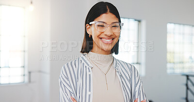 Buy stock photo Happy, professional and portrait of businesswoman in office with confidence for career in real estate. Glasses, smile and property agent at rental agency with pride for job opportunity in workplace.
