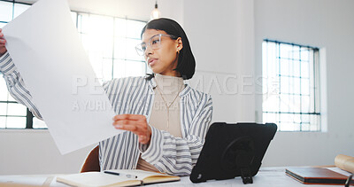 Buy stock photo Architect, reading and woman with blueprint in office, serious or planning for property development. Review, paperwork and person with tablet, project management and design for building renovation