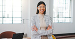 Crossed arms, professional and portrait of businesswoman in office with confidence for real estate. Happy, glasses and property agent at rental agency with pride for job opportunity in workplace.