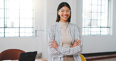 Buy stock photo Crossed arms, professional and portrait of businesswoman in office with confidence for real estate. Happy, glasses and property agent at rental agency with pride for job opportunity in workplace.