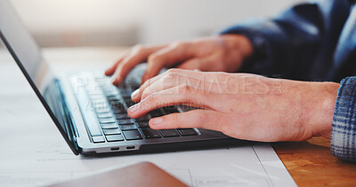 Buy stock photo Architect, online and hands with laptop in office, typing or planning for design project on website. Creative, research and person with tech, property development and info for building renovation