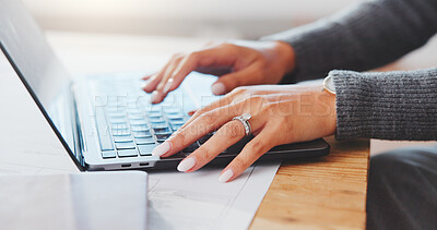 Buy stock photo Architect, research and hands with laptop in office, creative or planning for design project on web. Civil engineer, typing and person with tech, property development and info for building renovation