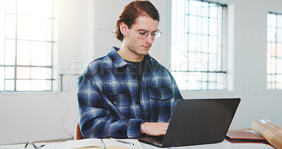 Buy stock photo Architect, research and man with laptop in office, typing or planning for design project on website. Creative, online and person with technology, property development and info for building renovation